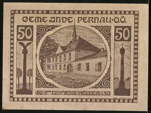 Notgeld Pernau 1920, 50 Heller, Gebäudeansicht, Denkmäler