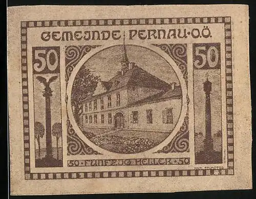 Notgeld Pernau 1920, 50 Heller, Denkmäler, Gebäudeansicht