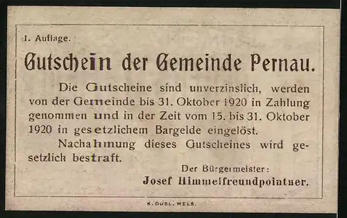 Notgeld Pernau 1920, 20 Heller, Müller mit Mehlsäcken