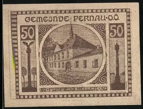 Notgeld Pernau 1920, 50 Heller, Denkmäler, Gebäudeansicht