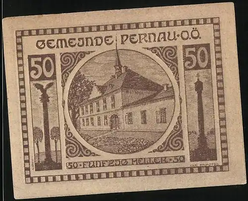 Notgeld Pernau 1920, 50 Heller, Gebäudeansicht, Denkmäler