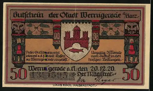 Notgeld Wernigerode am Harz 1920, 50 Pfennig, Ortsansicht, Wappen