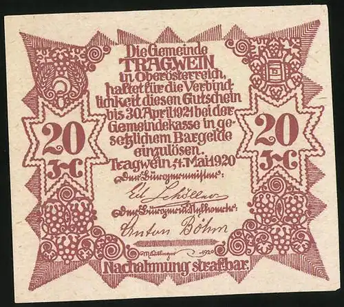 Notgeld Tragwein 1920, 20 Heller, Kirche