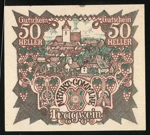 Notgeld Tragwein 1920, 50 Heller, Ortsansicht mit Kirche
