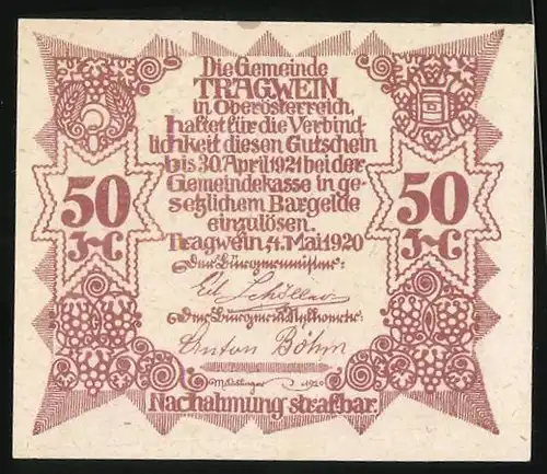 Notgeld Tragwein 1920, 50 Heller, Ortsansicht mit Kirche