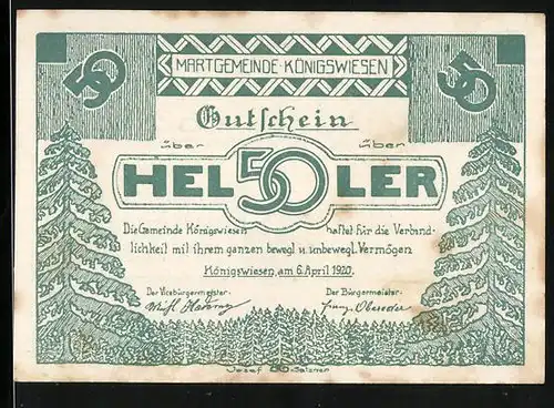 Notgeld Königswiesen 1920, 50 Heller, Wappen, Bäume