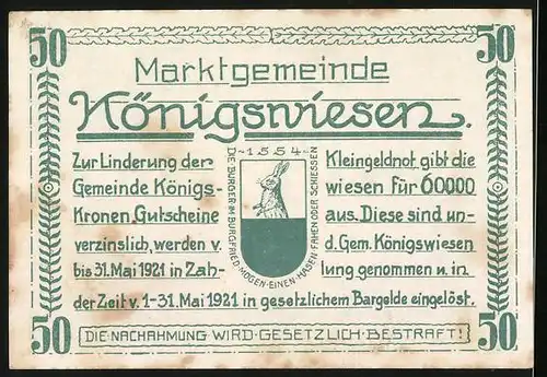Notgeld Königswiesen 1920, 50 Heller, Wappen, Bäume