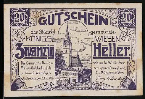 Notgeld Königswiesen 1921, 20 Heller, Kirche