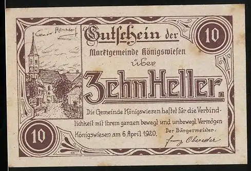 Notgeld Königswiesen 1921, 10 Heller, Mönchdorf