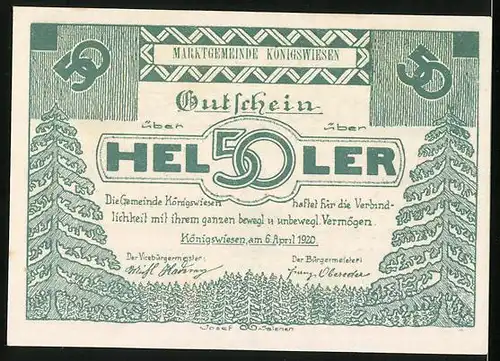 Notgeld Königswiesen 1921, 50 Heller, Wappen, Bäume