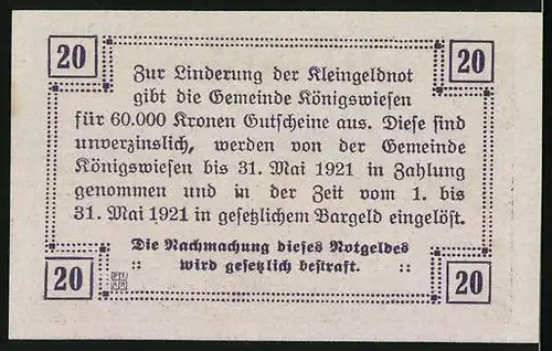 Notgeld Königswiesen 1921, 20 Heller, Kirche