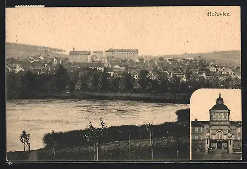 AK Horovice, Schloss-Eingang und Stadtpanorama