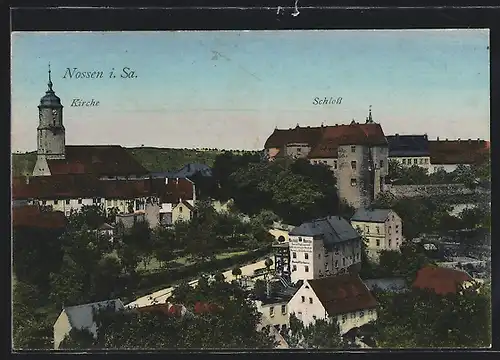 AK Nossen i. Sa., Kirche und Schloss, Dampffärberei Reinhold Heinze