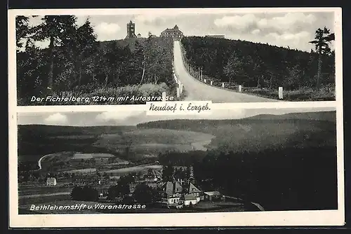 AK Neudorf / Erzgeb., Bethlehemstift und Vierenstrasse, Blick zum Fichtelberg