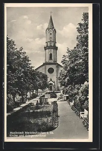 AK Markneukirchen i. Sa., Kirche und Kriegerdenkmal
