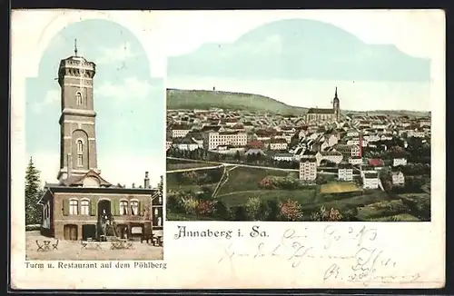 AK Annaberg / Erzg., Totalansicht mit Kirche, Turm und Restaurant auf dem Pöhlberg