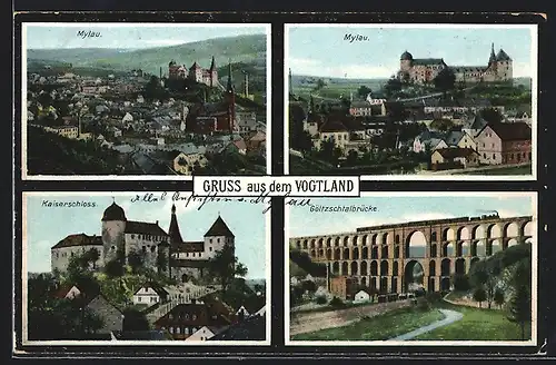 AK Mylau, Kaiserschloss, Göltzschtalbrücke, Ortsansicht