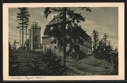 AK Auersberg i. Erzgeb., Unterkunftshaus mit Aussichtsturm