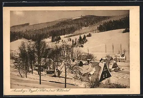AK Wildenthal, Ortsansicht im Winter, Rückseite: Unterkunftshaus Auersberg im Winter