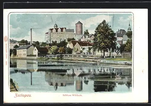 AK Zschopau, Uferpartie mit Blick auf Schloss Wildeck