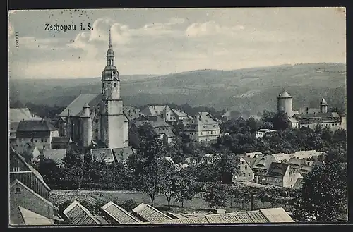 AK Zschopau i. S., Ortsansicht mit Kirche