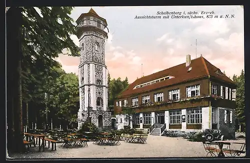 AK Scheibenberg i. sächs. Erzgeb., Aussichtsturm mit Unterkunftshaus