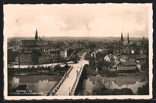 AK Zwickau i. Sa., Teilansicht mit Mulde und Paradiesbrücke