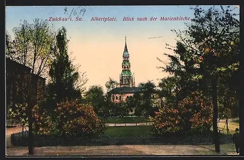 AK Zwickau, Albertplatz und Blick zur Marienkirche
