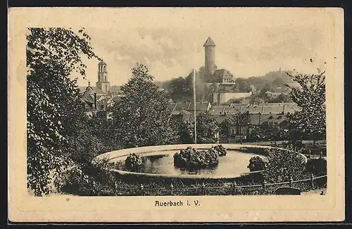 AK Auerbach i. V., Ortspartie mit Brunnen