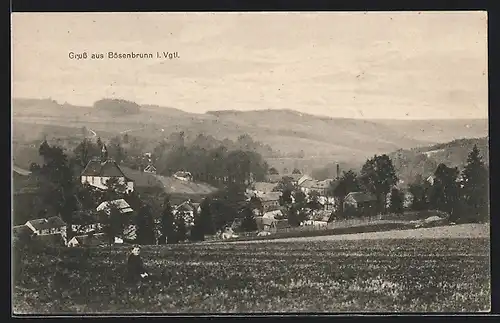 AK Bösenbrunn i. Vgtl., Ortspartie mit Kirche