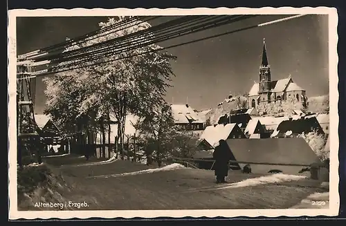 AK Altenberg i. Erzgeb., Ortspartie mit Kirche im Schnee