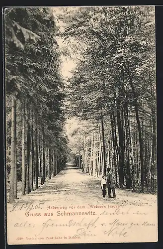 AK Schmannewitz, Hakenweg vor dem Gasthaus Weisses Haus