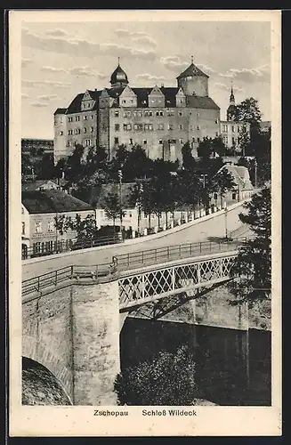 AK Zschopau, Schloss Wildeck mit Brücke