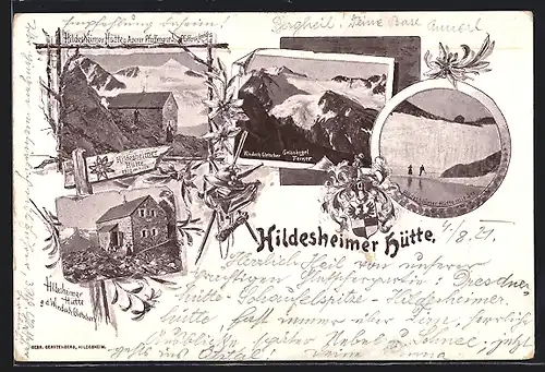 Künstler-AK Hildesheimer Hütte, Windach-Gletscher, Geisskogel, Ferner, Berghütte mit See