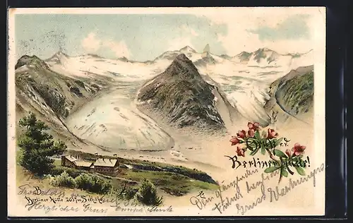 Lithographie Berliner Hütte, Blick über die Aplenlandschaft mit Berliner Hütte