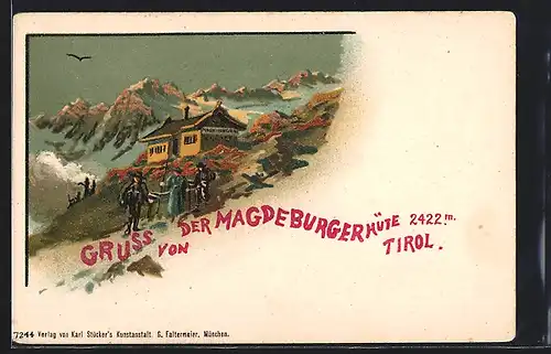 Künstler-AK Magdeburgerhütte, Wanderer vor der Berghütte mit Alpenpanorama
