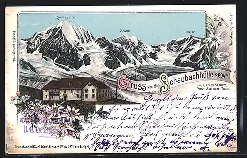 AK Schaubachhütte mit Königsspitze, Zebru, Ortler