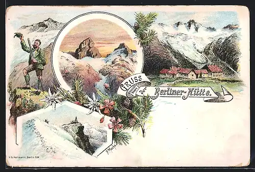 Lithographie Mayrhofen, Wanderer an der Berliner-Hütte, Gebirgsblick