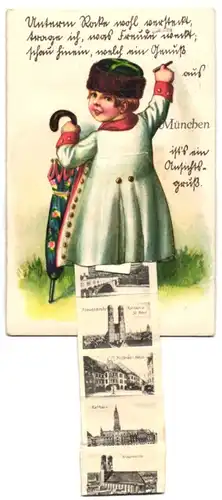 Leporello-AK München, Ansichten hinterm Mantel, Justizpalast, Maximilianeum, Hofbräu-Haus, Rathaus