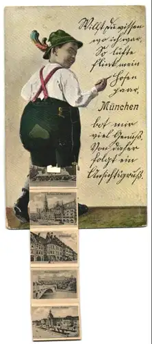 Leporello-AK München, Ansichten hinter der Lederhose, Justizpalast, Rathaus und Marienplatz, National-Museum