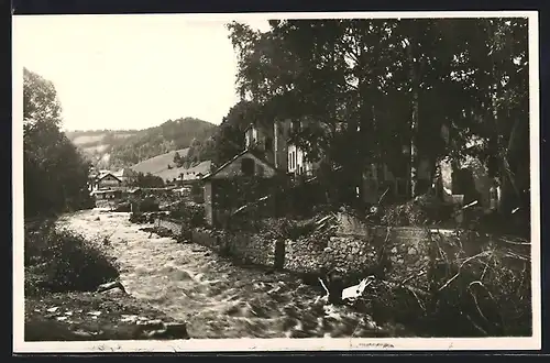 AK Glashütte /Sa., Flusspartie mit Unwetterschäden, Unwetter 1927