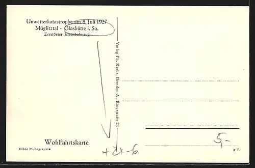 AK Glashütte /Sa., Zerstörter Eisenbahnzug, Arbeiter, Unwetter 1927