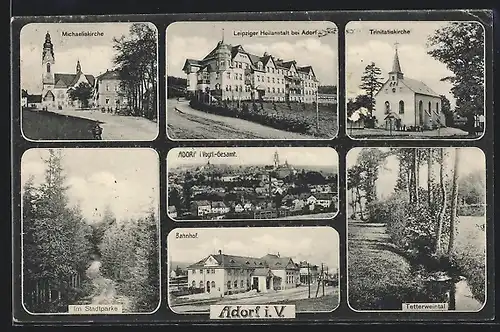 AK Adorf i. V., Bahnhof, Leipziger Heilanstalt, Kirchen