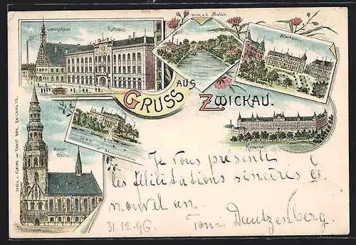 Lithographie Zwickau, Kaserne, Gewand- und Rathaus, Schwanenschlösschen