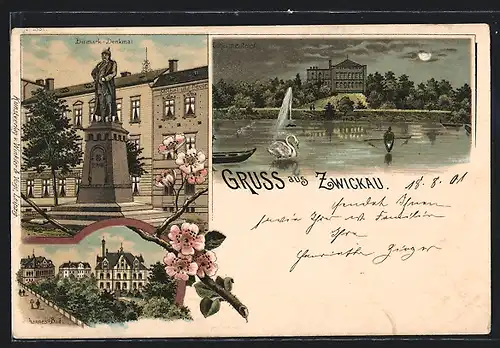 Lithographie Zwickau, Blick auf Bismarck-Denkmal, Johannesbad und Schwanenteich