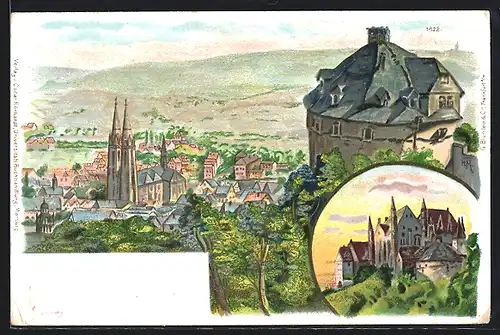 Künstler-AK Marburg /Bez. Cassel, Ortsansicht und Schloss aus der Vogelschau