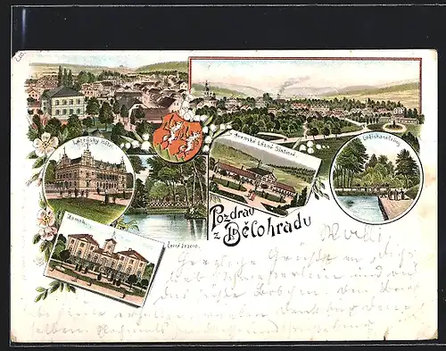 Lithographie Lazne Belohrad, Celkový pohled, Zamek, Cerne Jezero, Lazensky Hotel