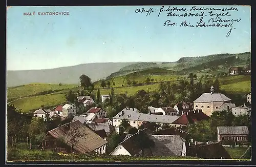 AK Malé Svatonovice, Ortsansicht mit Blick ins Land aus der Vogelschau