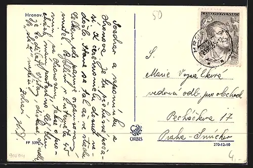 AK Hronov, Strassenpartie mit Kirchturm