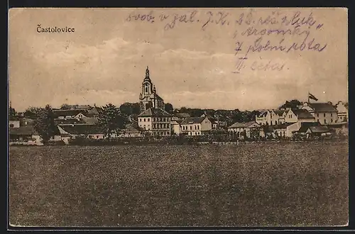 AK Castolovice, Panorama mit Kirche